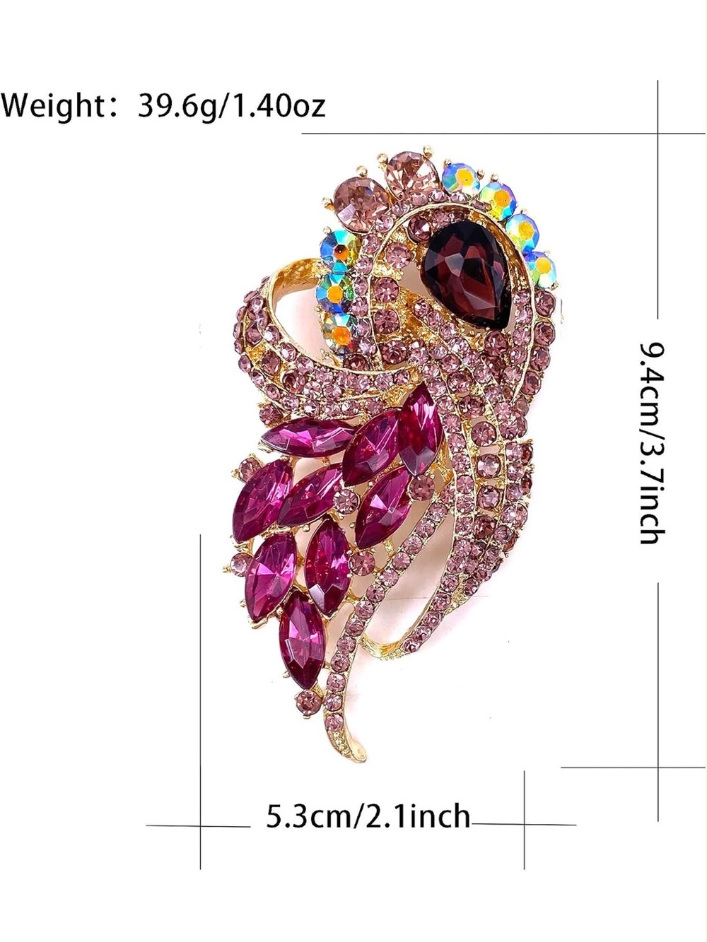 Anthropologie Gold Tone Pink and Burgundy Crystal Feather Brooch - Picture 4 of 5
